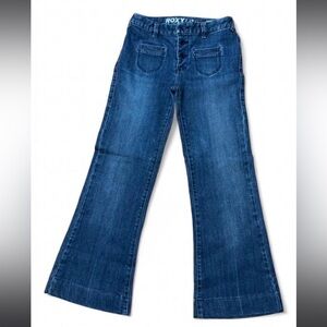 Roxy San-O Wide Leg Jeans Juniors 1 Button Fly Heart Hardware Y2K Surf DenimFA08